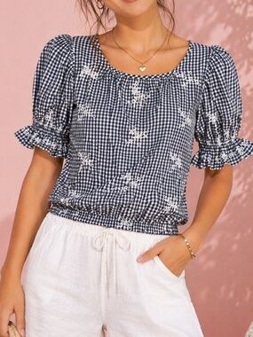 Broadway 38 Gingham Puff Sleeve Crop Top Small Blue White Cottagecore Peasant
